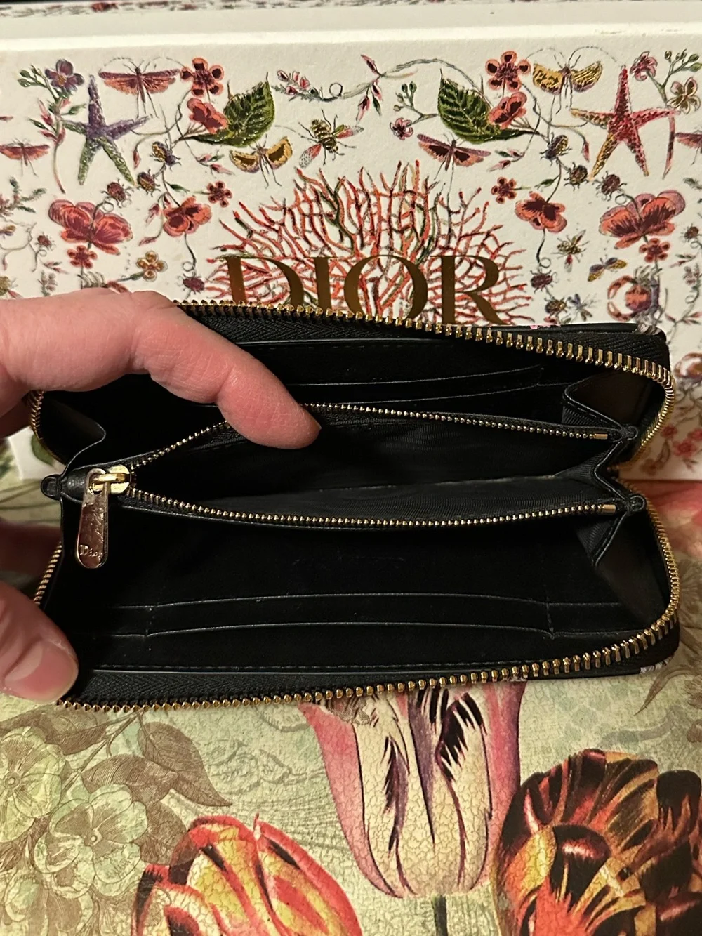 Dior Calfskin Millefiori Printed Lady Dior Zip Wallet Floral Black